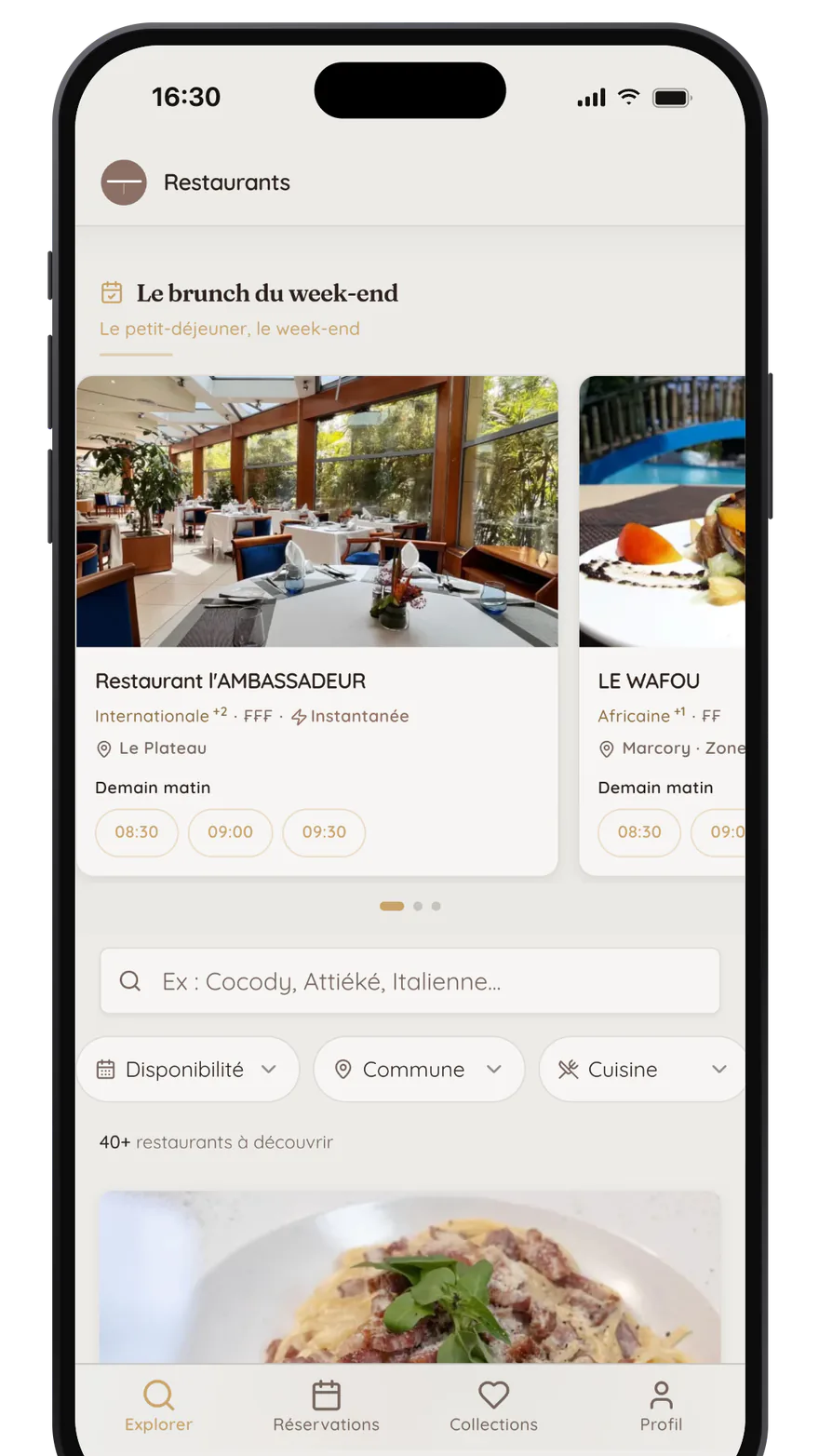 Application Tabora : écran de découverte des restaurants