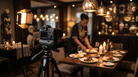 Plats, salle et service d'un restaurant photographiés en lumière naturelle